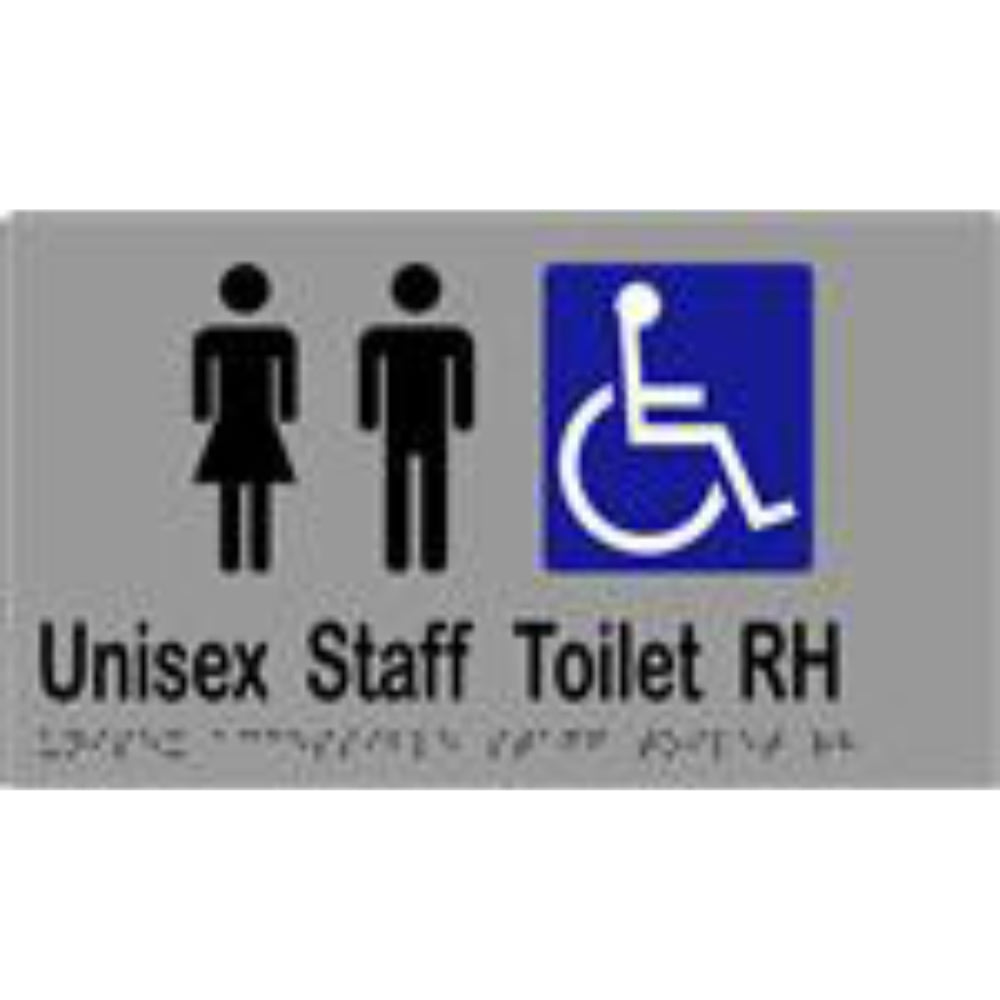 Unisex accessible staff toilet sign with braille on laminated vinyl, featuring clear symbols and text for easy identification.