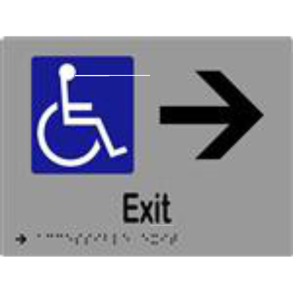 Accessible exit and arrow sign with Braille on laminated vinyl, 200x150mm, by Style Finish Design Pty Ltd.