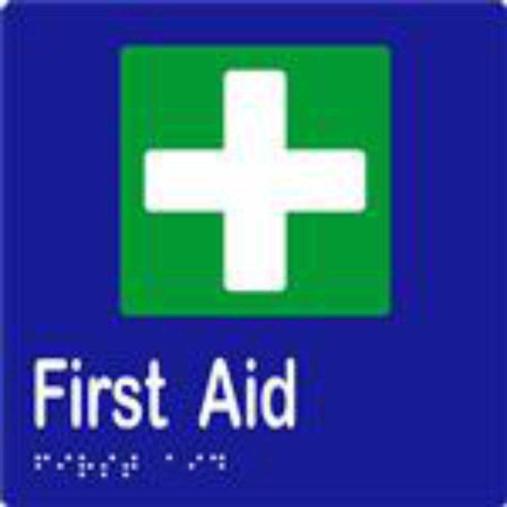 First Aid Sign with Braille, Laminated Vinyl 150x150 Blue Over White in Blue