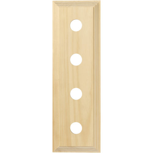 Tradco Quad switch and socket wood blocks with classic profile, showing four switches and sockets mounted on natural wood.