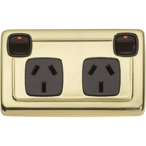 Socket Flat Plate Rocker Double Brown Polished Brass H72xW115mm in Polished Brass