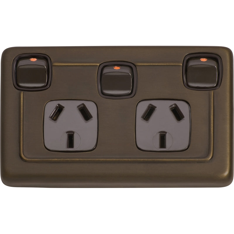 Socket Flat Plate Rocker Double With Switch Brown Antique Brass H72xW115mm in Antique Brass