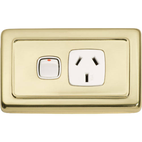 Socket Flat Plate Rocker Single White Polished Brass H72xW115mm in White / Polished Brass