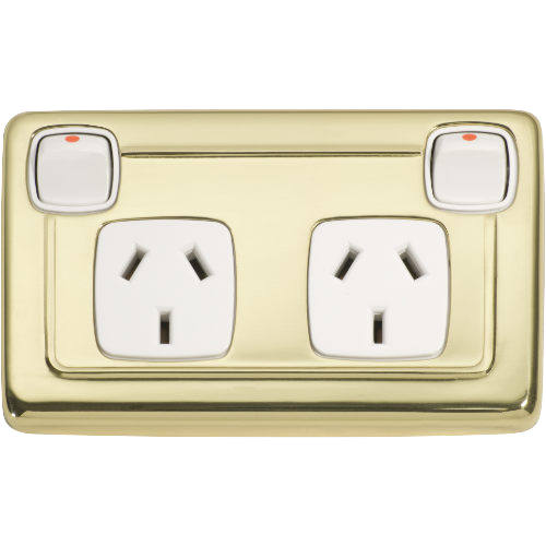 Socket Flat Plate Rocker Double White Polished Brass H72xW115mm in White / Polished Brass
