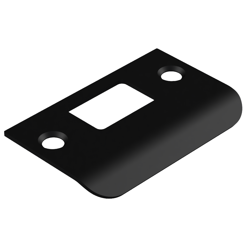 Black 70mm D-shaped strike plate by Style Finish Doorware, showing close-up of the metal latch and strike surface.