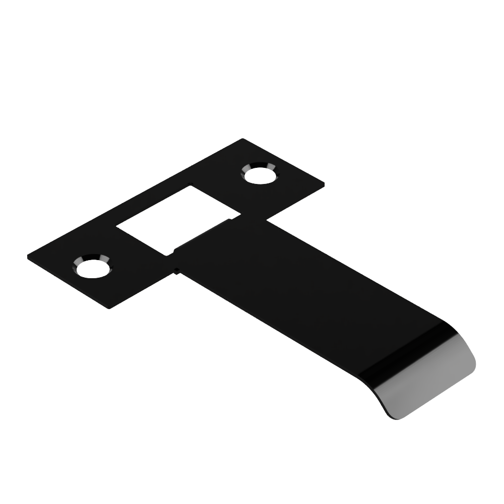Black extended latch strike plate by Style Finish Doorware, 70mm length, showing the metal plate with latch opening.