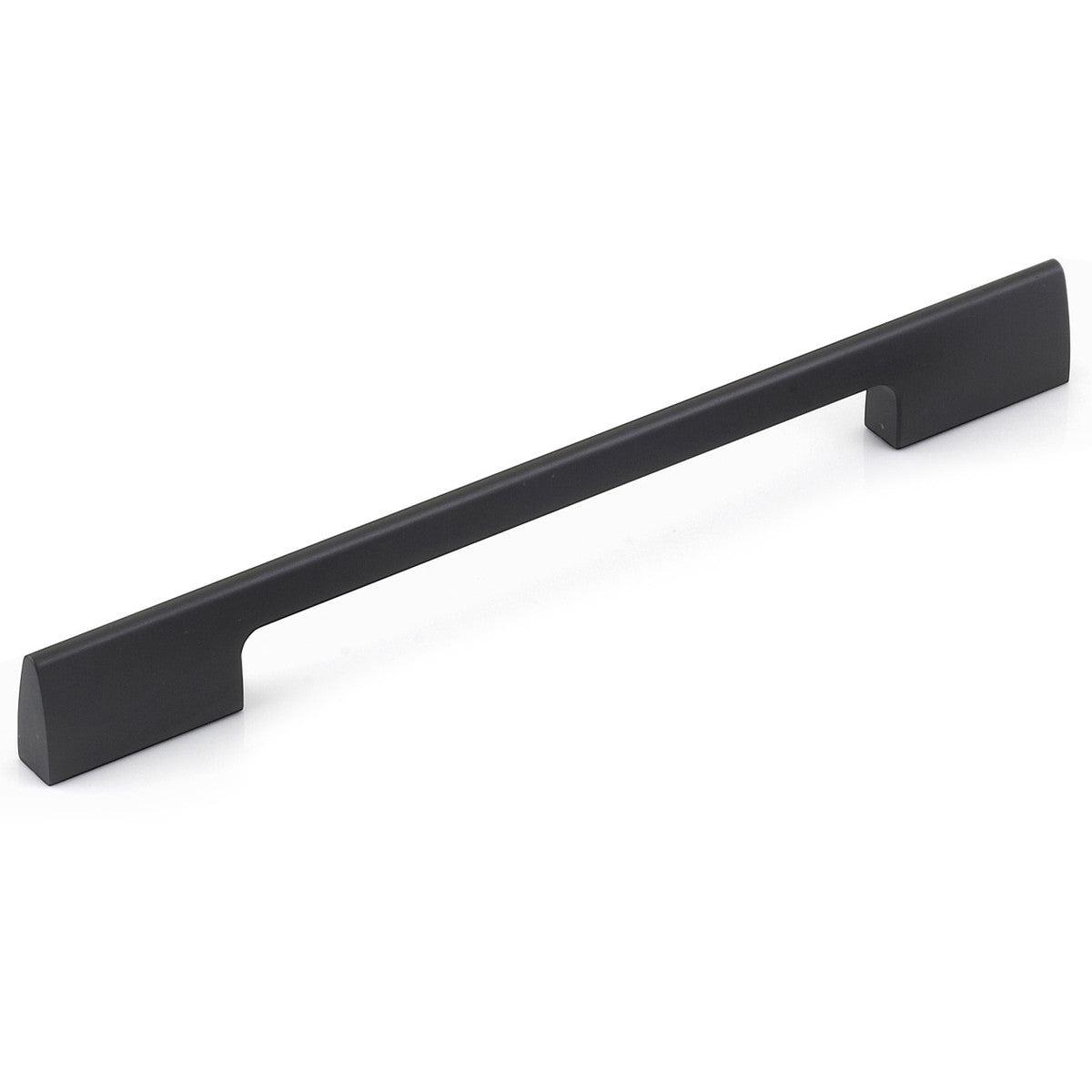 Momo VIESTE cabinet pull handle in matte black, sleek metal design, mounted on a wooden cabinet door.