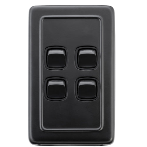 Switch Flat Plate Rocker 4 Gang Matt Black H115xW72mm in Matt Black