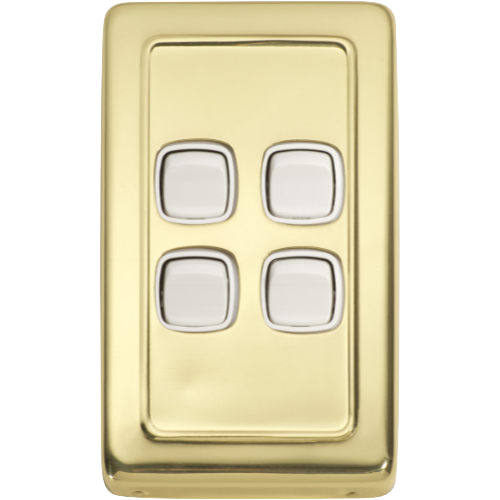 Switch Flat Plate Rocker 4 Gang White Polished Brass H115xW72mm in White / Polished Brass