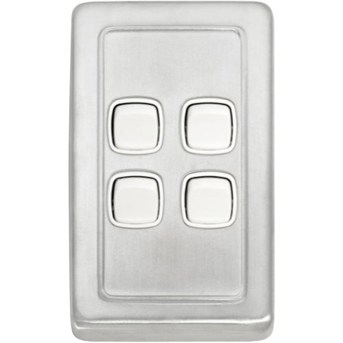 Switch Flat Plate Rocker 4 Gang White Satin Chrome H115xW72mm in Satin Chrome