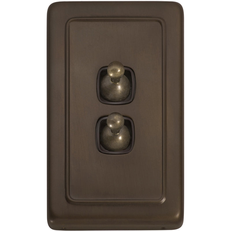 Switch Flat Plate Toggle 2 Gang Brown Antique Brass H115xW72mm in Antique Brass