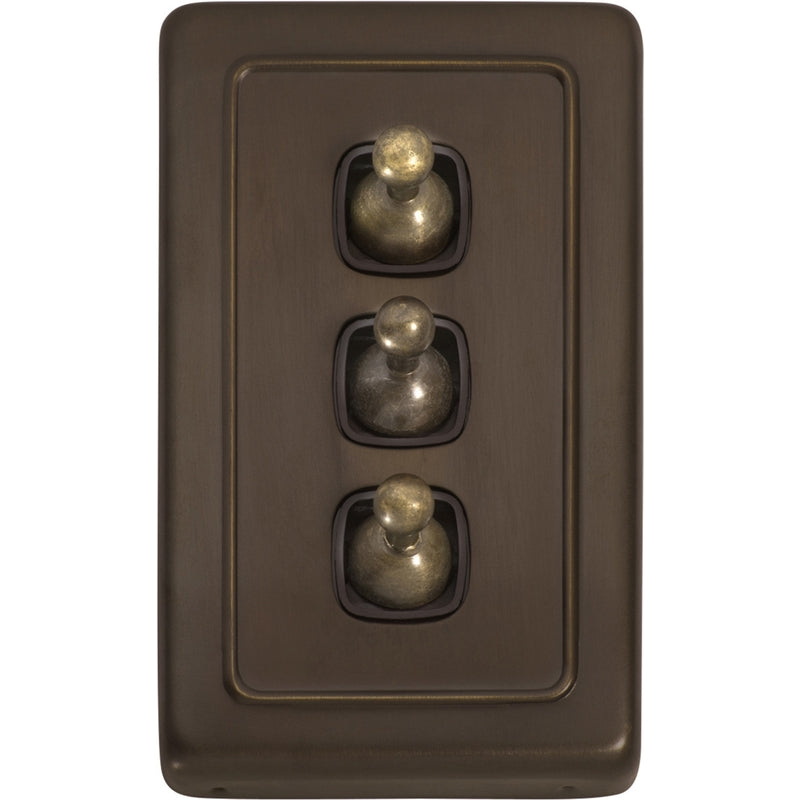 Switch Flat Plate Toggle 3 Gang Brown Antique Brass H115xW72mm in Antique Brass