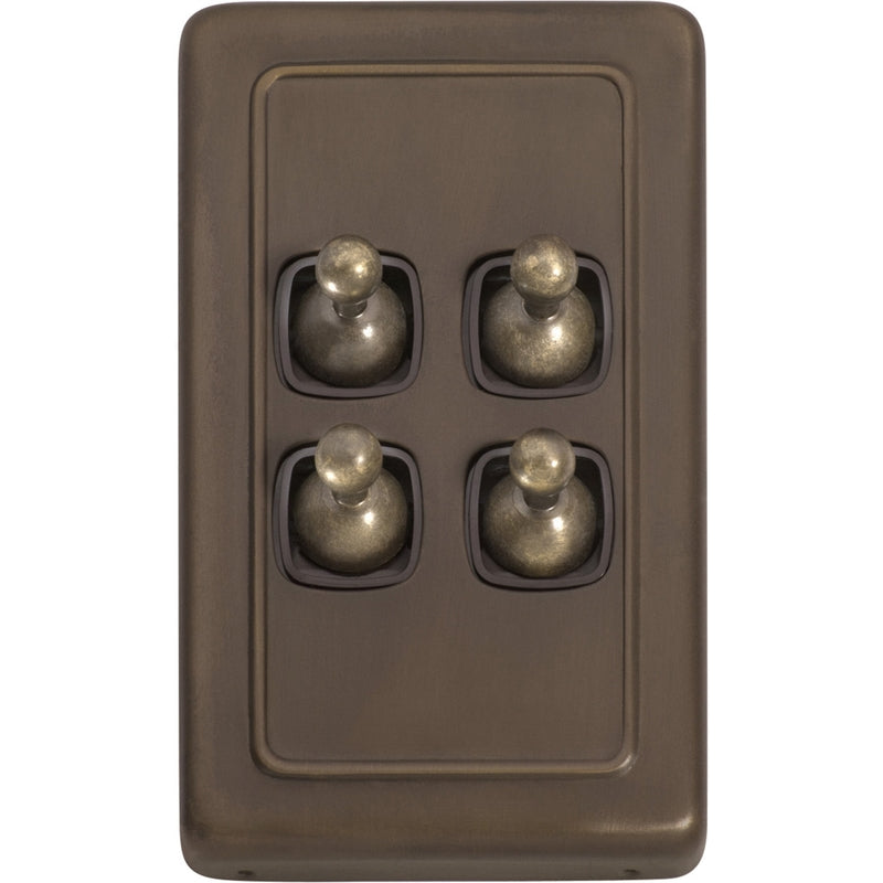 Switch Flat Plate Toggle 4 Gang Brown Antique Brass H115xW72mm in Antique Brass