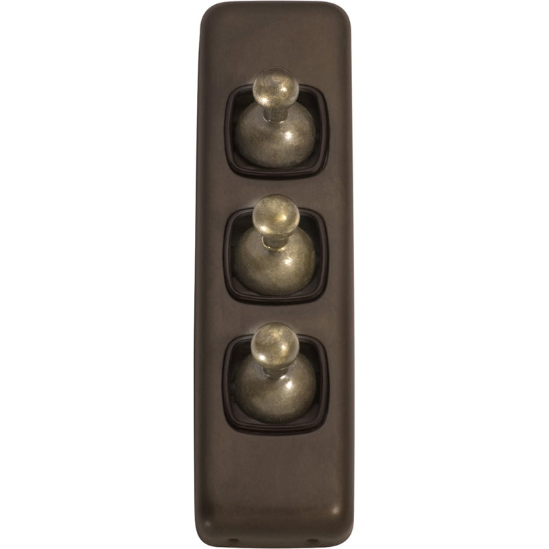 Switch Flat Plate Toggle 3 Gang Brown Antique Brass H108xW30mm in Antique Brass