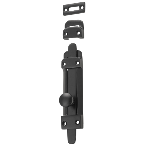 Tradco Tower Bolts showing the metal bolt and matching strike plate for secure door or gate fastening.