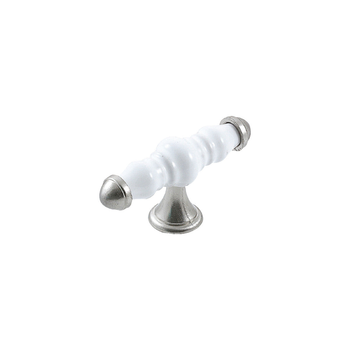 Momo Trianon ceramic cabinet T-pull handle in white and brown finish mounted on a cabinet door