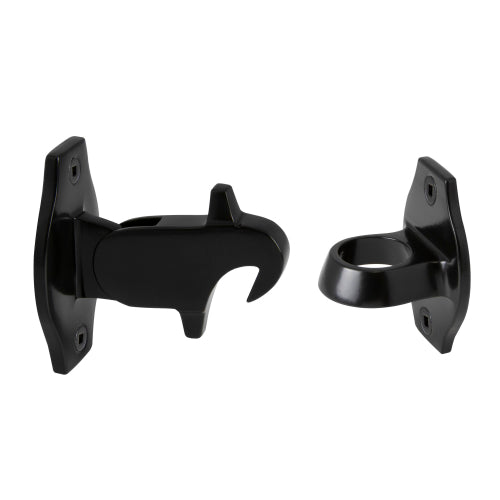 Black Windsor Windsor auto door holder mounted on a vehicle door, designed to keep the door open securely.