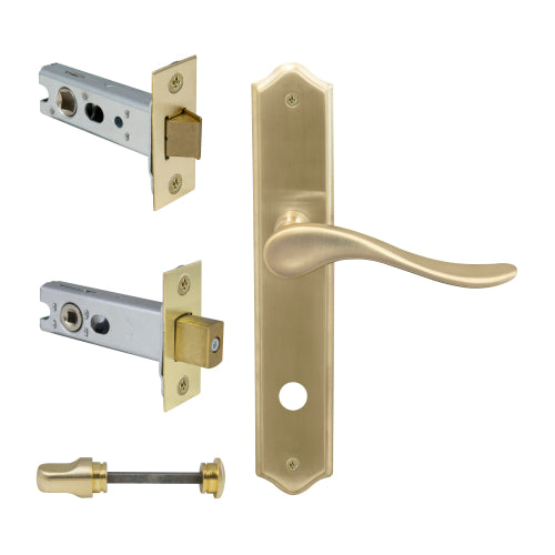 Haven Traditional Backplate Privacy Set in Satin Brass Unlaquered