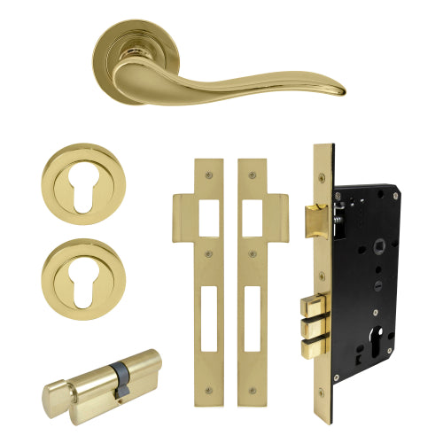 Hermitage Round Rose Entrance Set - E85 in Polished Brass