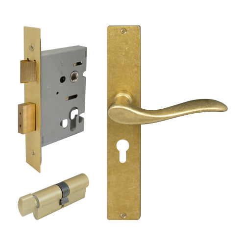 Hermitage Square Backplate Entrance Set - E48 in Rumbled Brass