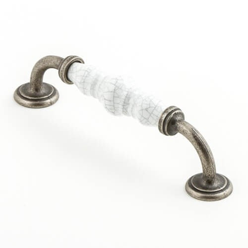 Castella Estate Cabinet Pull Handle in White Crackle/Pewter