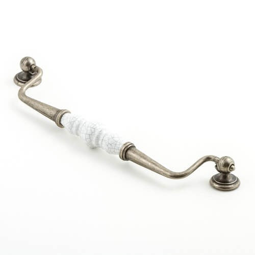 Castella Estate Bail Cabinet Pull Handle in White Crackle/Pewter