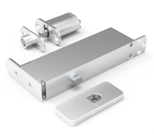 Argenta fully concealed Door Pivot Spring. Complete kit. Max door weight 150kg. Max Door Size 3000mm x 2000mm. Min Door Thickness 50mm in Satin Stainless