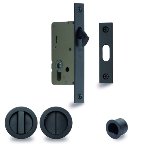 Black Zanda Visca cavity sliding door privacy kit installed on a modern interior door.