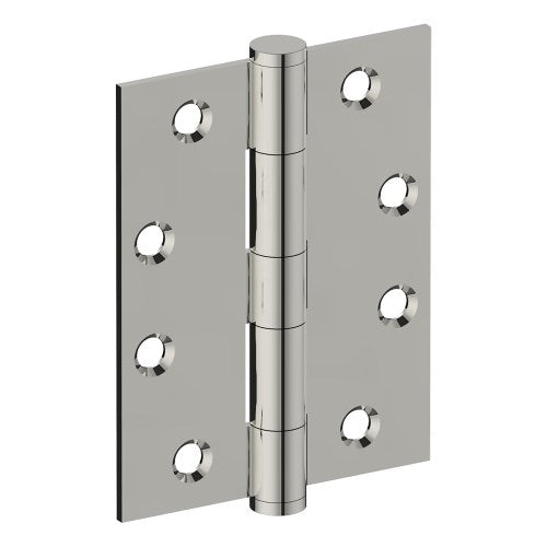 Stainless steel hinge with 100mm x 75mm x 2.5mm dimensions, button tipped, fixed pin, with timber and metal thread screws.