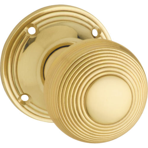 Door Knob Reeded Mortice Pair Polished Brass D51xP81mm BP60mm in Polished Brass