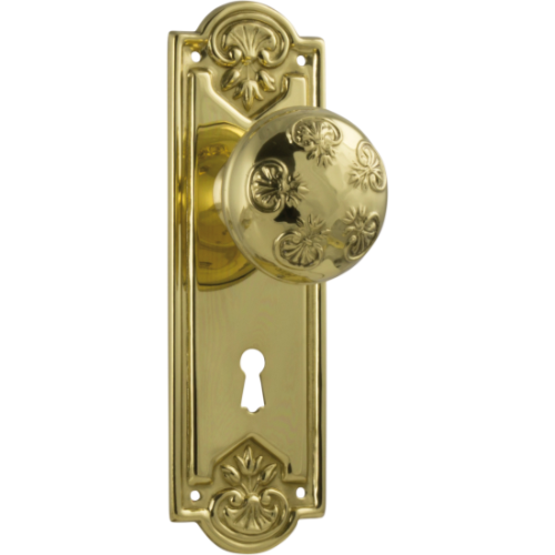 Door Knob Nouveau Lock Pair Polished Brass H188xW58xP60mm in Polished Brass