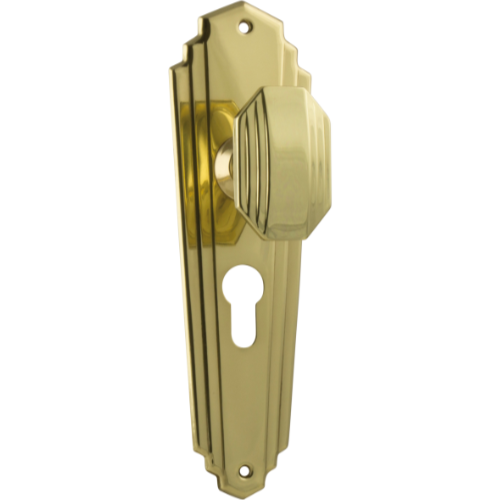 Door Knob Elwood Art Deco Euro Pair Polished Brass H200xW63xP47mm in Polished Brass