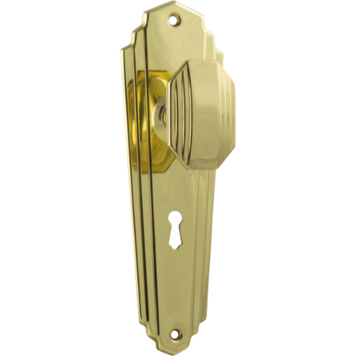 Door Knob Elwood Art Deco Lock Pair Polished Brass H200xW63xP47mm in Polished Brass