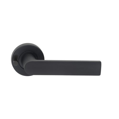Black Madinoz Lever 014 door handle by DormaKaba with sleek design and ergonomic lever on a door.