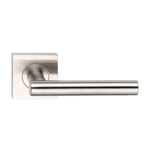 MDZ Lever 55 on 57mm x 57mm Square Rose. 316 Marine Grade (Pair) in Polished Stainless Steel