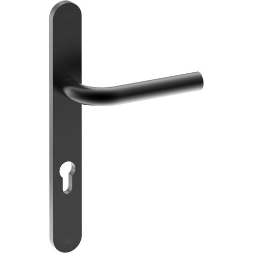 CAPRI Door Handle on B01 EXTERNAL European Standard Backplate with Cylinder Hole, Concealed Fixing (Half Set) 85mm CTC in Black Teflon