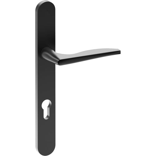 CASTILE Door Handle on B01 EXTERNAL European Standard Backplate with Cylinder Hole, Concealed Fixing (Half Set) 85mm CTC in Black Teflon