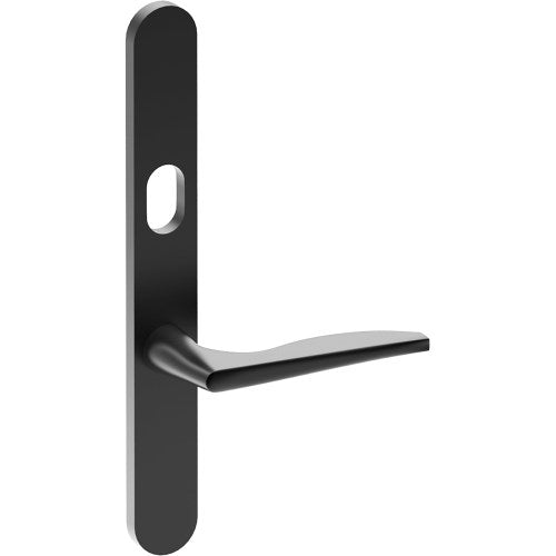 CASTILE Door Handle on B01 EXTERNAL Australian Standard Backplate with Cylinder Hole, Concealed Fixing (Half Set) 64mm CTC in Black Teflon