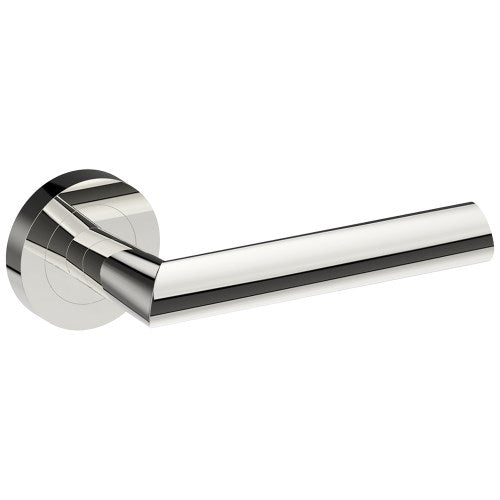 Stainless steel COMO door handle by Style Finish Doorware mounted on a door with a sleek, modern design.