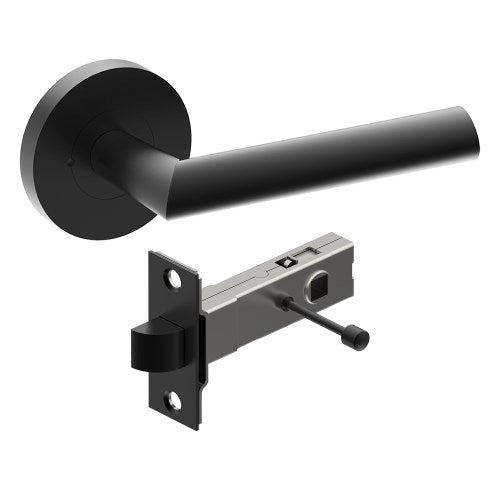 Black COMO door handle by Style Finish Doorware with sleek, modern design and ergonomic grip on a white door.