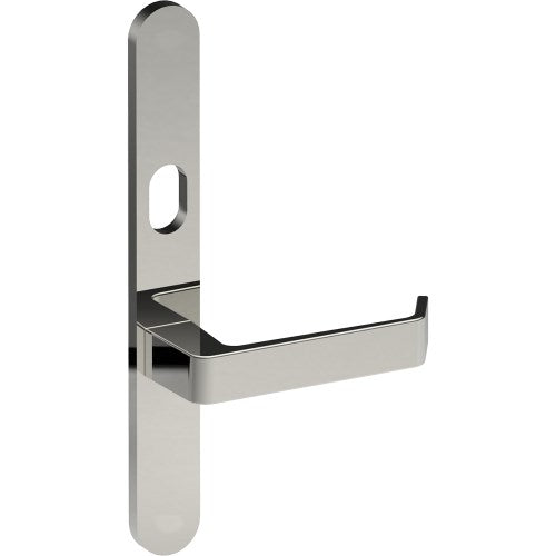 DIJON Door Handle on B01 EXTERNAL Australian Standard Backplate with Cylinder Hole, Concealed Fixing (Half Set) 64mm CTC in Polished Stainless