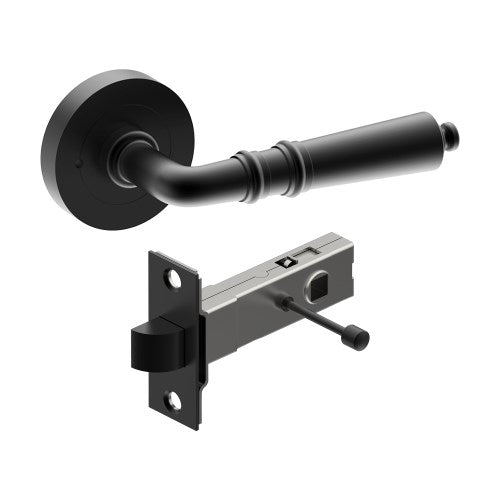 LATINA Door Handles on Ø52mm Integrated Privacy Rose inc. Latch in Black Teflon