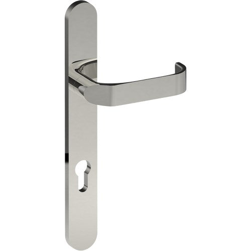 MOSS Door Handle on B01 EXTERNAL European Standard Backplate with Cylinder Hole, Concealed Fixing (Half Set) 85mm CTC in Polished Stainless