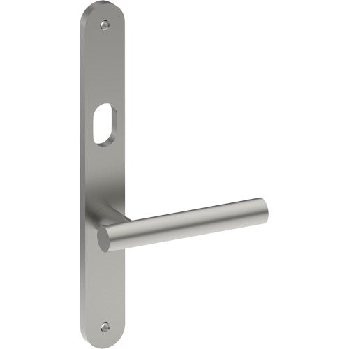 RIENZA Door Handle on B01 INTERNAL Australian Standard Backplate with Cylinder Hole, Visible Fixing (Half Set) 64mm CTC in Satin Stainless