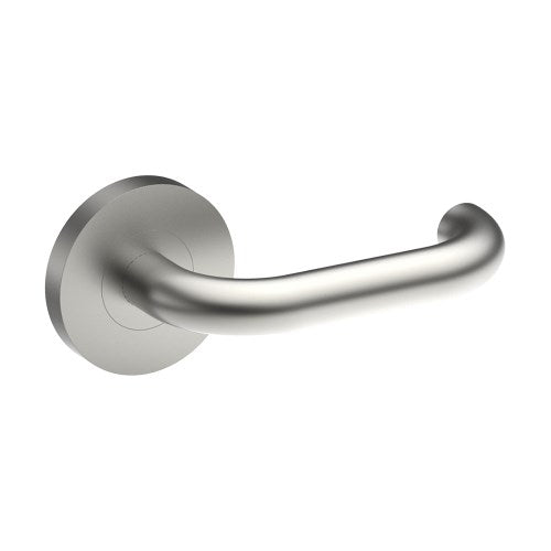 Stainless steel safety door handle from Style Finish Doorware, mounted on a door with visible latch and modern design.