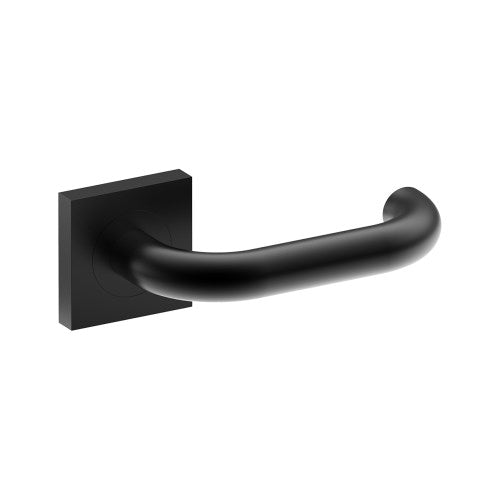 Black safety door handle from Style Finish Doorware, shown on the left side of the image with a sleek, modern design.