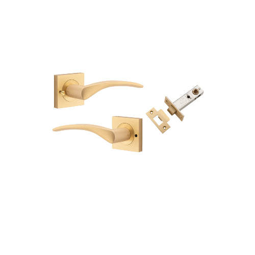 Door Lever Oxford Square Rose Inbuilt Privacy Pair Brushed Brass H52xW52xP64mm with Tube Latch Privacy with Faceplate & T Striker Backset 60mm in Brushed Brass