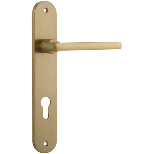 Door Lever Baltimore Oval Euro Brushed Brass CTC85mm H237xW50xP55mm in Brushed Brass