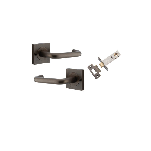 Door Lever Oslo Square Rose Inbuilt Privacy Pair Signature Brass H52xW52xP57mm with Tube Latch Privacy with Faceplate & T Striker Backset 60mm in Signature Brass