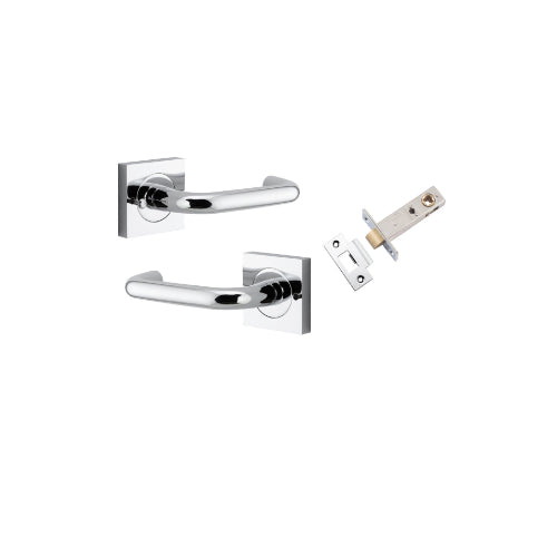 Door Lever Oslo Square Rose Inbuilt Privacy Pair Polished Chrome H52xW52xP57mm with Tube Latch Privacy with Faceplate & T Striker Backset 60mm in Polished Chrome